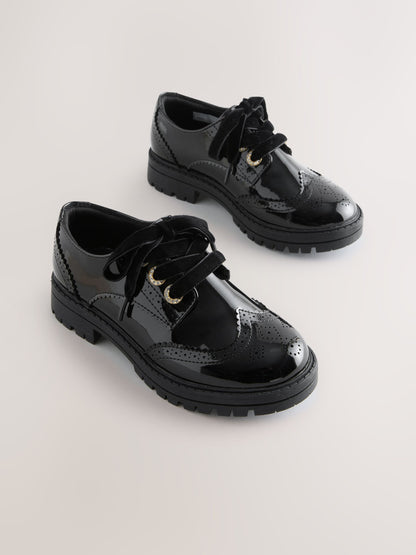 Black Patent Brogue Chunky Lace Up School Shoes image 1