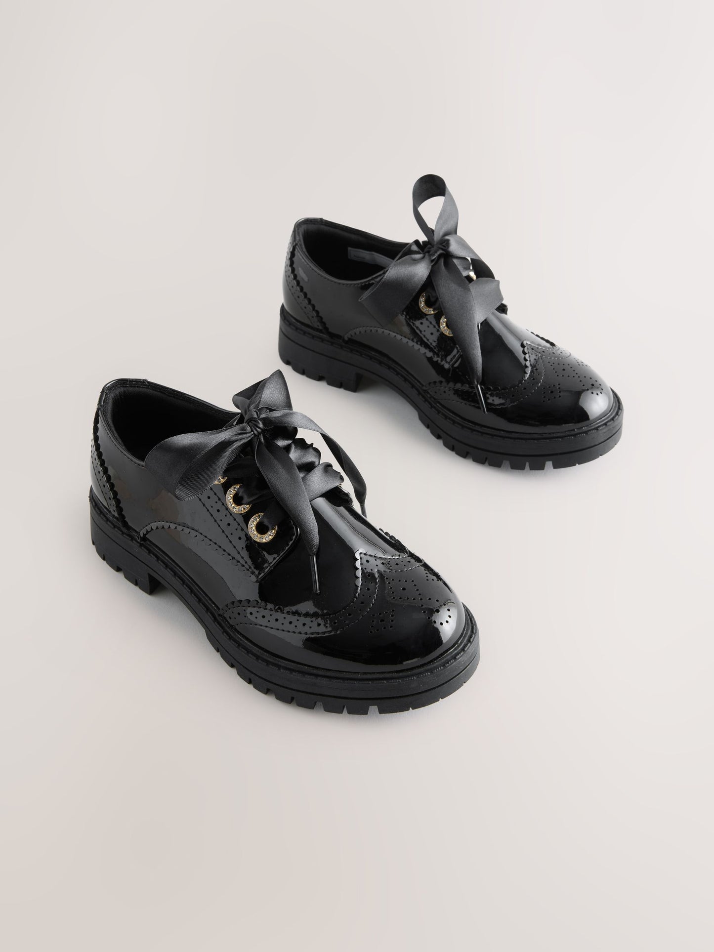 Black Patent Brogue Chunky Lace Up School Shoes image 2