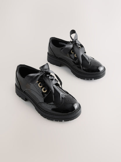 Black Patent Brogue Chunky Lace Up School Shoes image 2