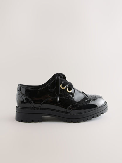 Black Patent Brogue Chunky Lace Up School Shoes image 3