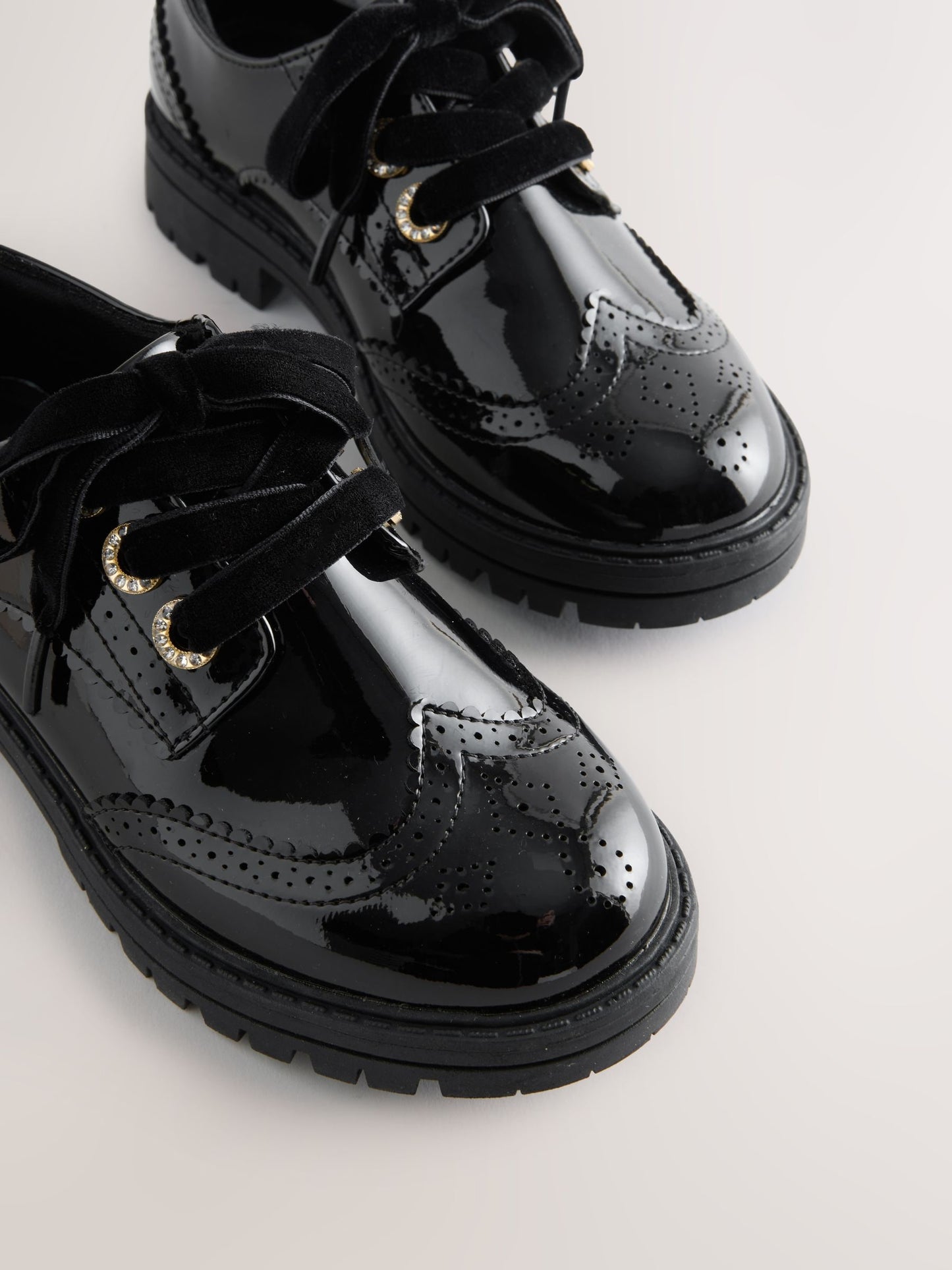 Black Patent Brogue Chunky Lace Up School Shoes image 5