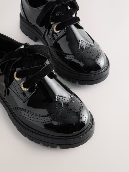 Black Patent Brogue Chunky Lace Up School Shoes image 5