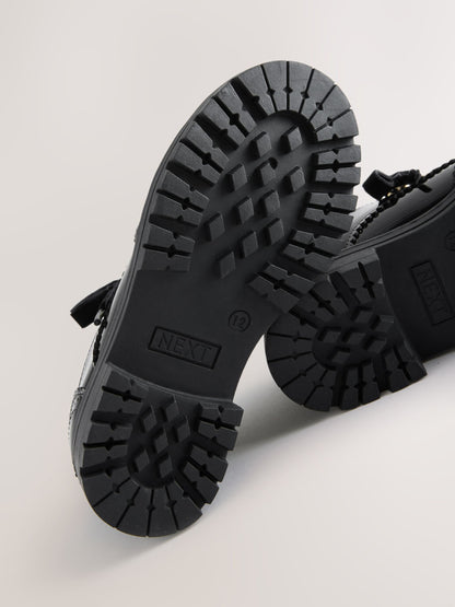Black Patent Brogue Chunky Lace Up School Shoes image 6