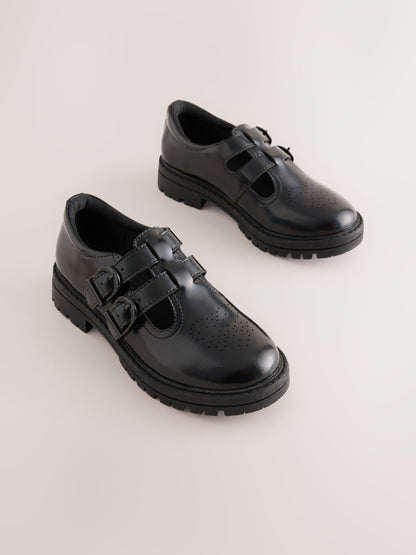Black Iridescent Patent T-Bar Double Buckle School Shoes image 1