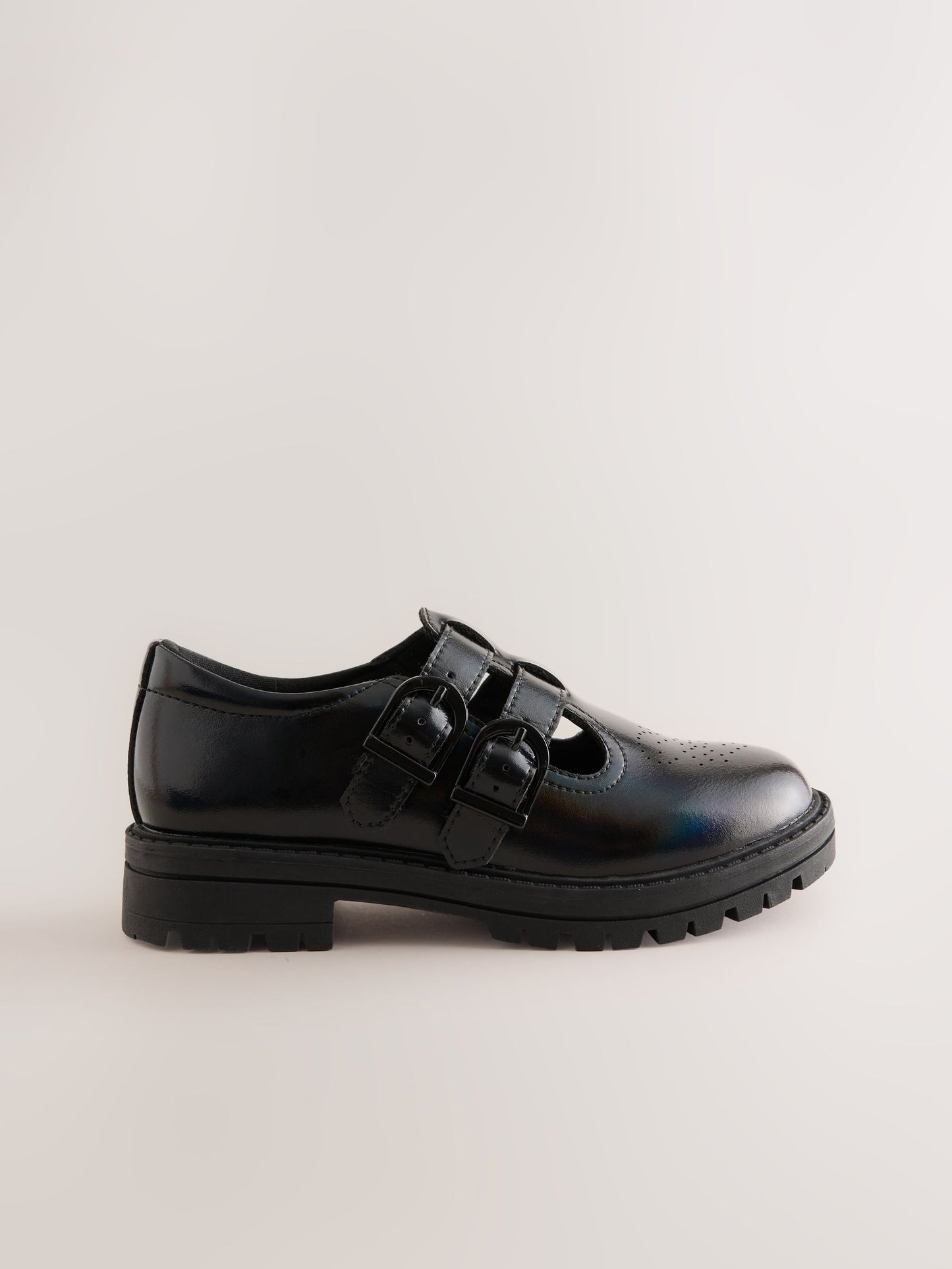 Black Iridescent Patent T-Bar Double Buckle School Shoes image 2