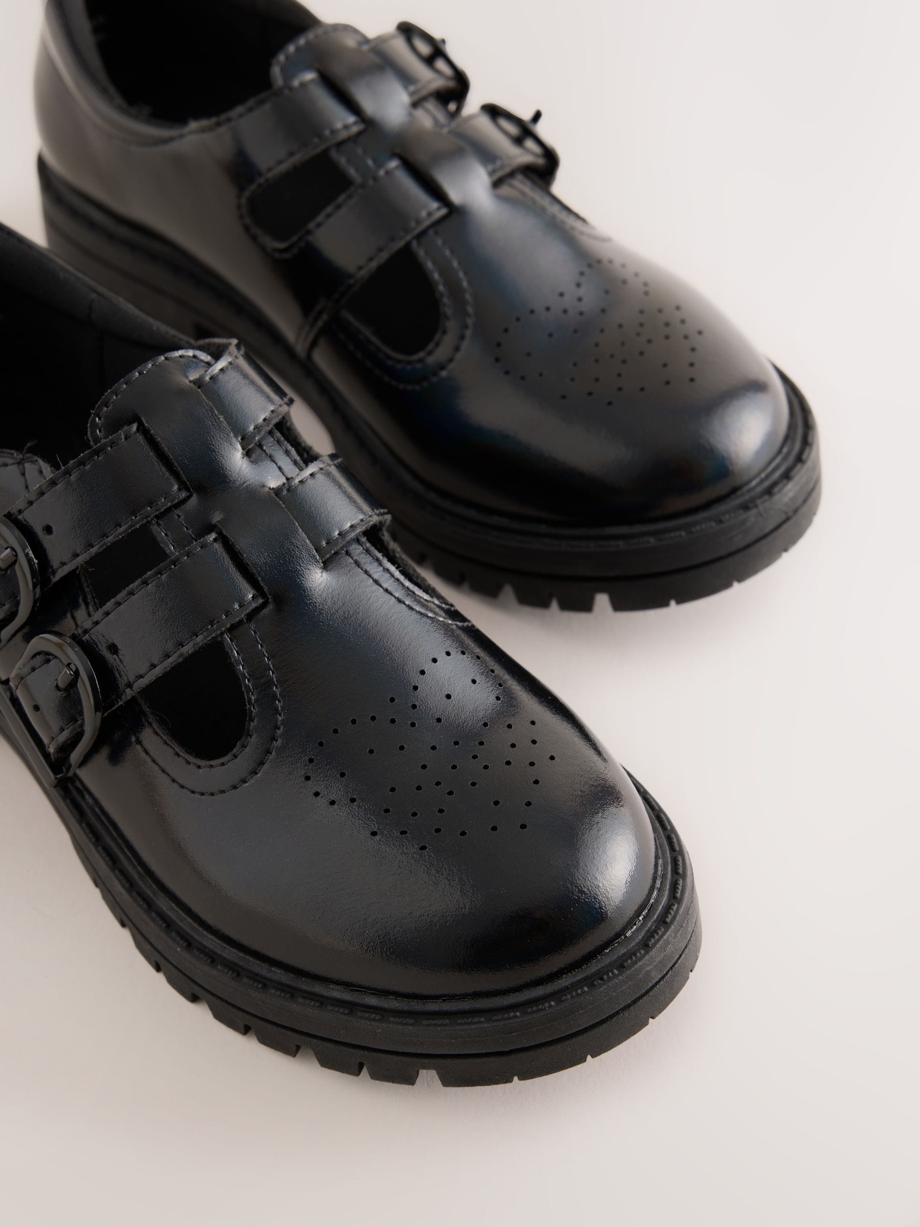 Black Iridescent Patent T-Bar Double Buckle School Shoes image 4