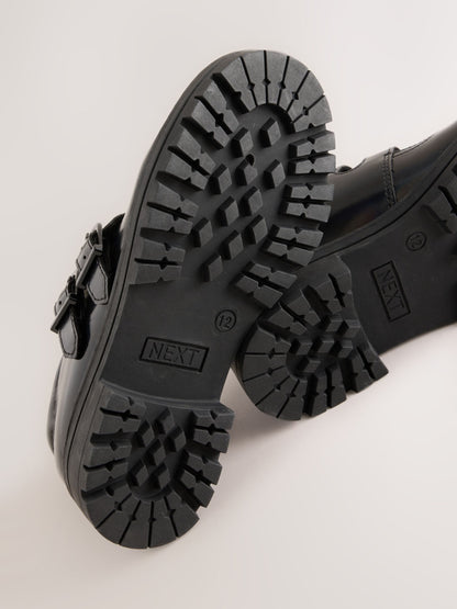 Black Iridescent Patent T-Bar Double Buckle School Shoes image 5