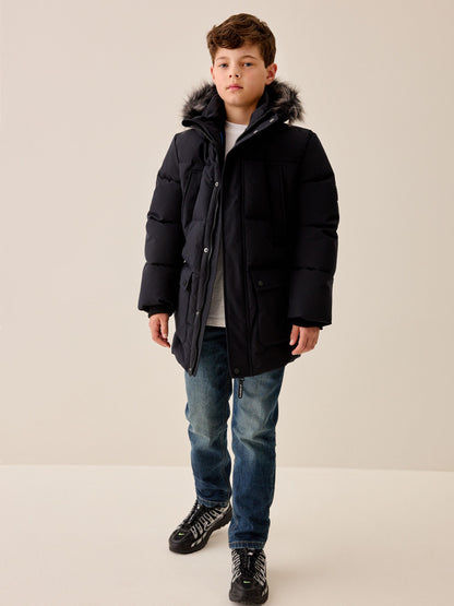 Dsiney Kidz - Black Heavyweight Shower Resistant Faux Fur Trim Parka Coat (3-16yrs) image 2