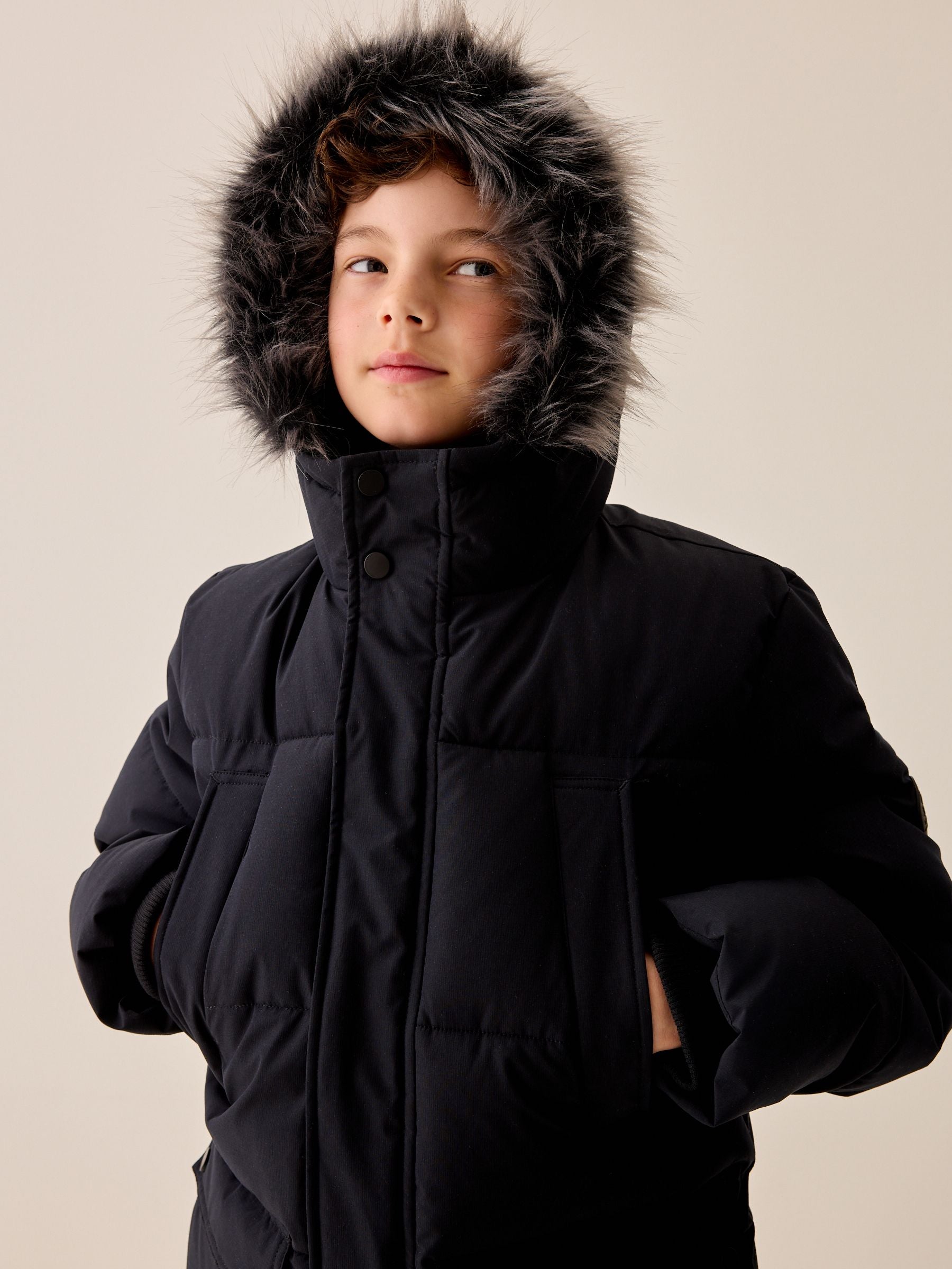 Dsiney Kidz - Black Heavyweight Shower Resistant Faux Fur Trim Parka Coat (3-16yrs) image 5