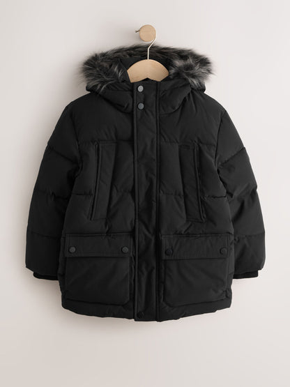 Dsiney Kidz - Black Heavyweight Shower Resistant Faux Fur Trim Parka Coat (3-16yrs) image 9