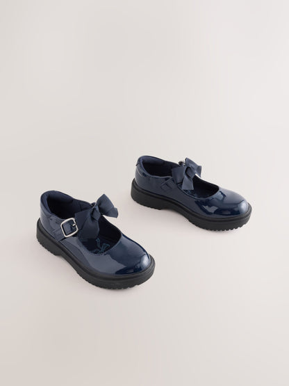 Navy Patent Wide Fit (G) Bow Chunky Mary Jane School Shoes image 1