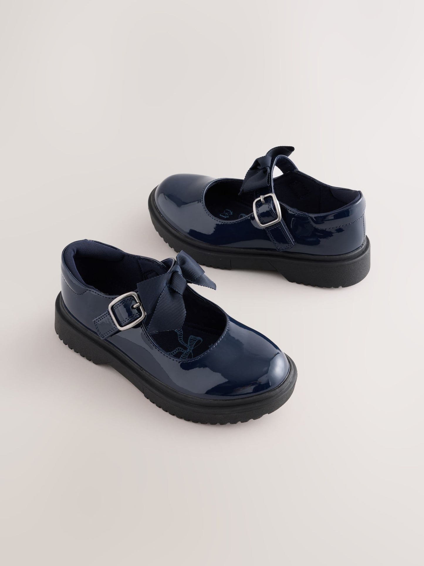 Navy Patent Wide Fit (G) Bow Chunky Mary Jane School Shoes image 2
