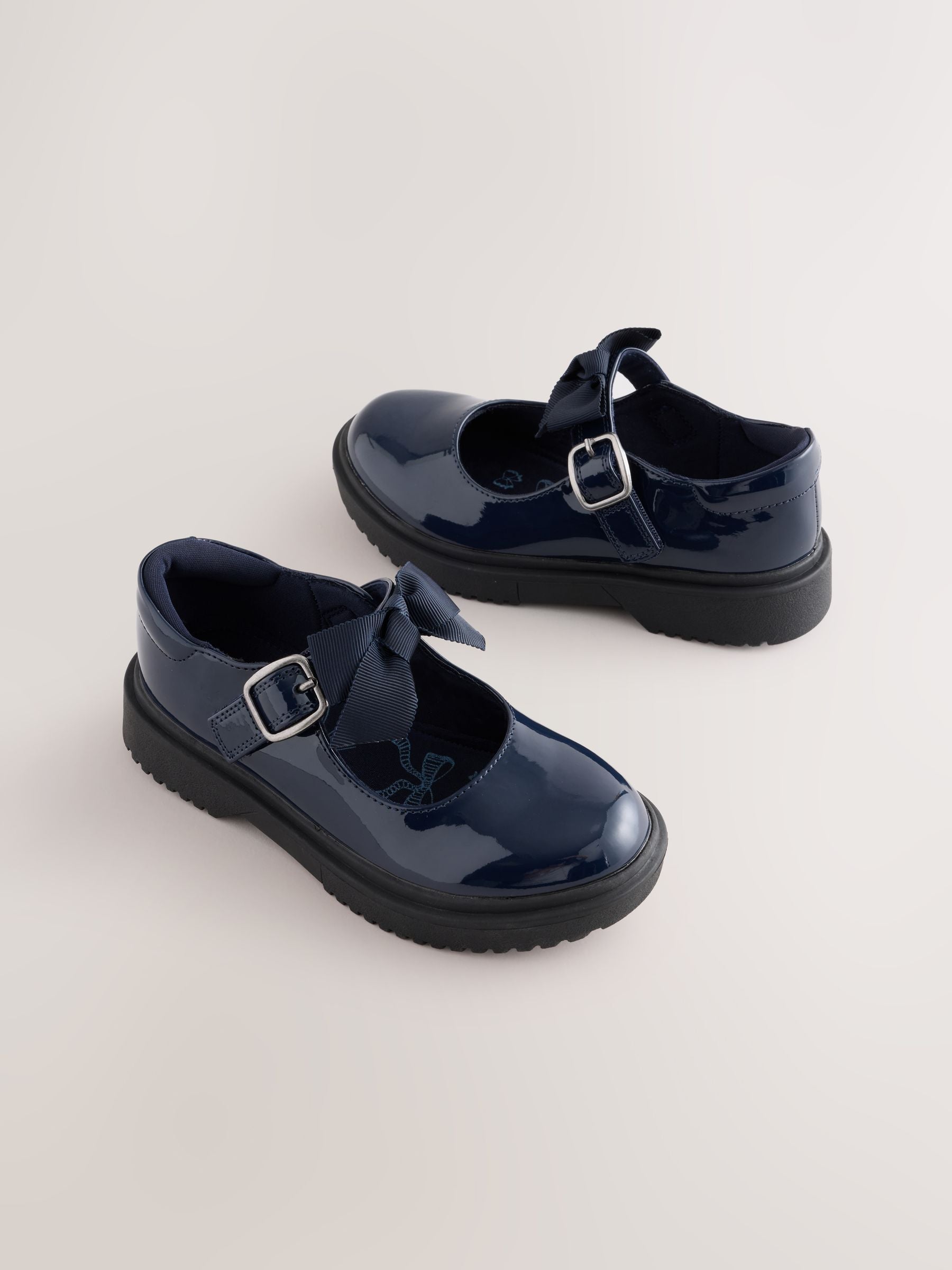 Navy Patent Wide Fit (G) Bow Chunky Mary Jane School Shoes image 2