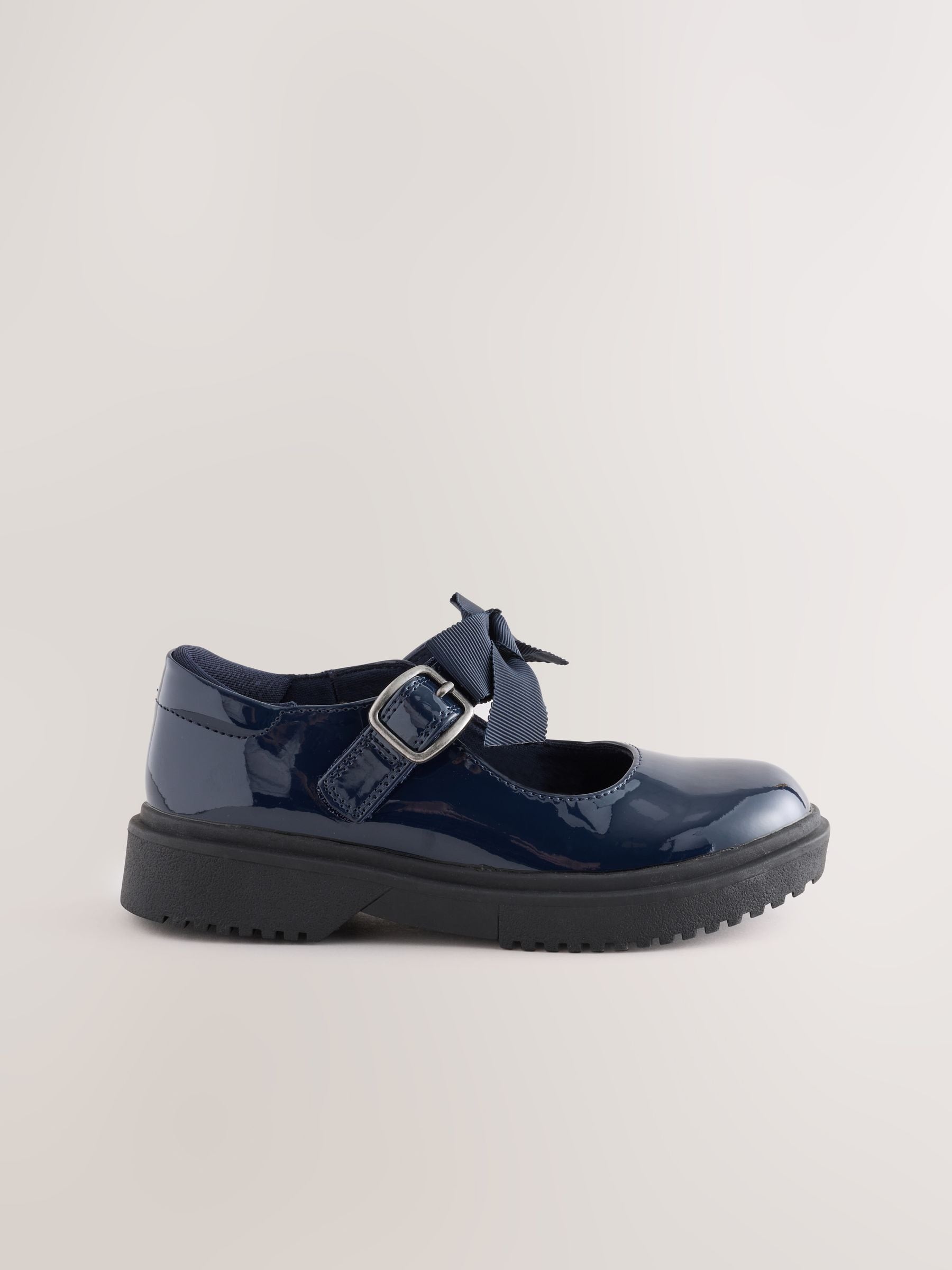 Navy Patent Wide Fit (G) Bow Chunky Mary Jane School Shoes image 3