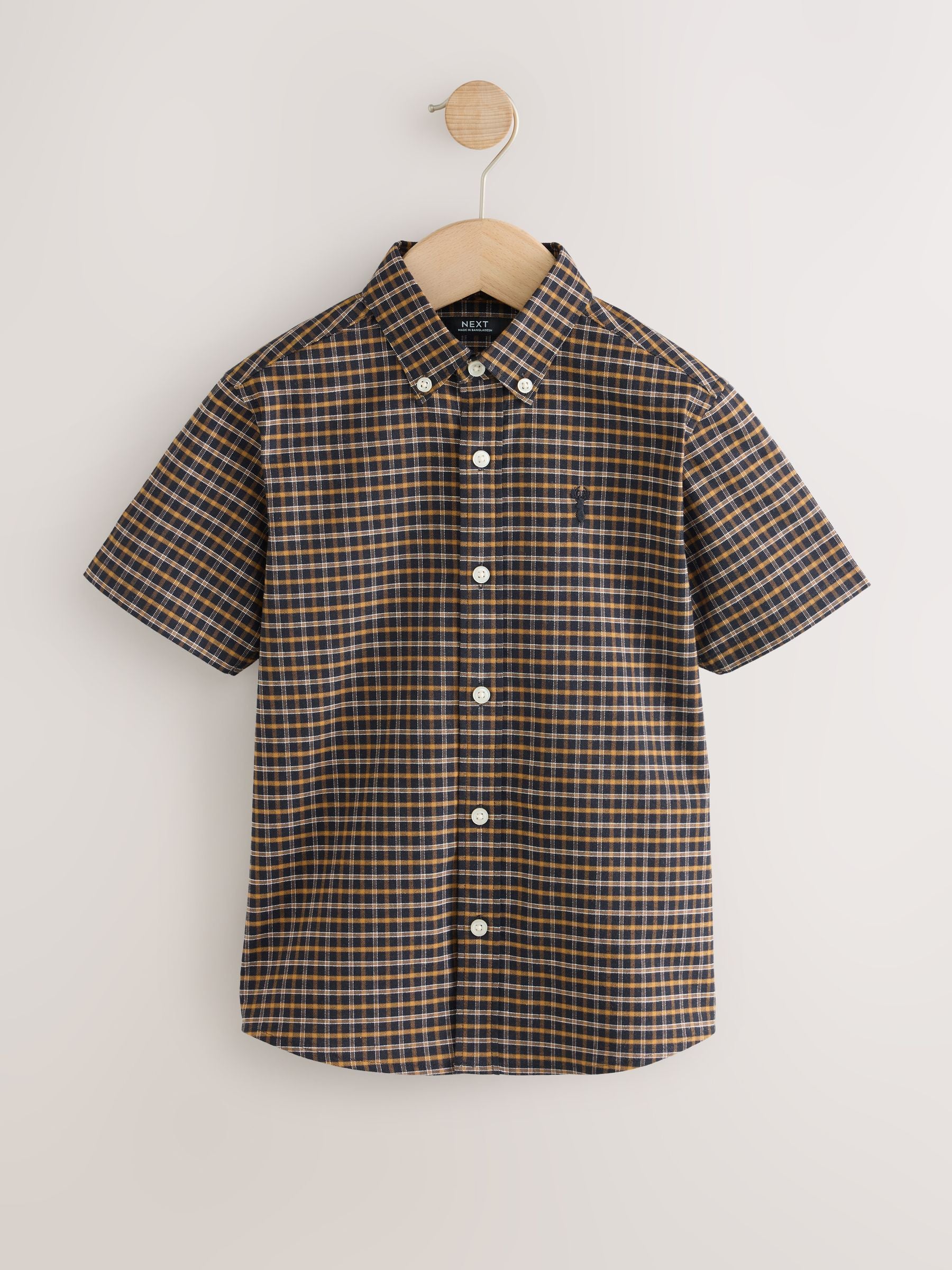 Dsiney Kidz - Chocolate Brown Gingham Logo Short Sleeve Cotton Rich Oxford Shirt (3-16yrs) image 1