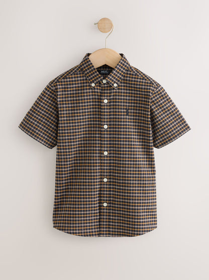 Dsiney Kidz - Chocolate Brown Gingham Logo Short Sleeve Cotton Rich Oxford Shirt (3-16yrs) image 1