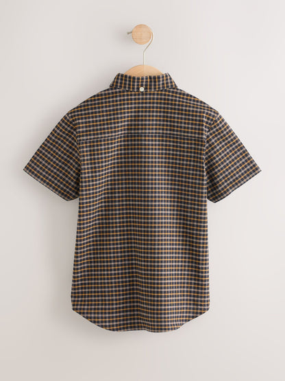 Dsiney Kidz - Chocolate Brown Gingham Logo Short Sleeve Cotton Rich Oxford Shirt (3-16yrs) image 2