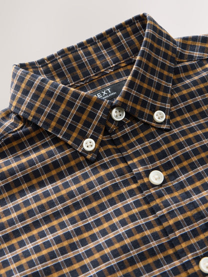 Dsiney Kidz - Chocolate Brown Gingham Logo Short Sleeve Cotton Rich Oxford Shirt (3-16yrs) image 4