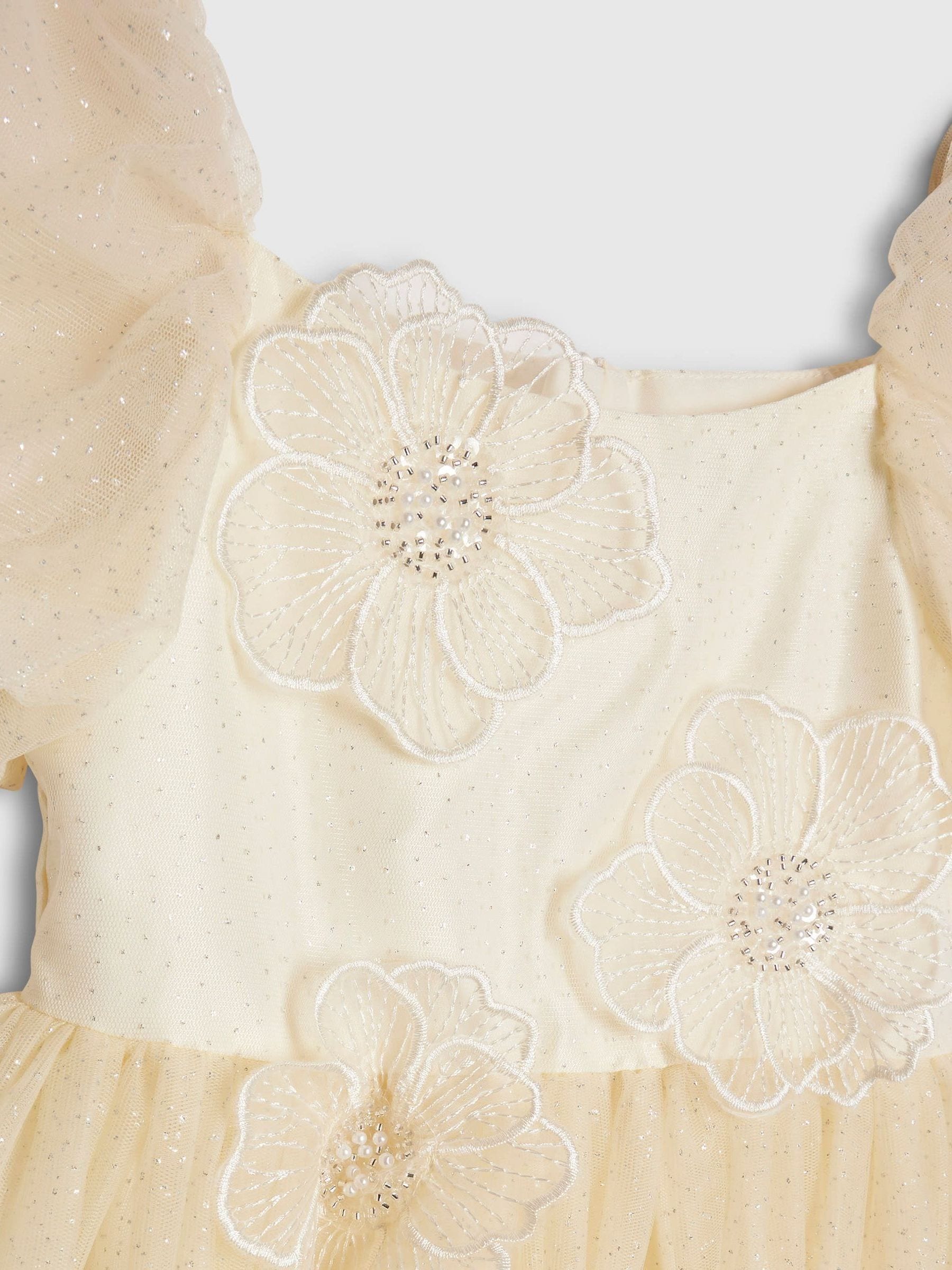River Island Yellow Puff Sleeve Flower Embroidered Tulle Dress image 3