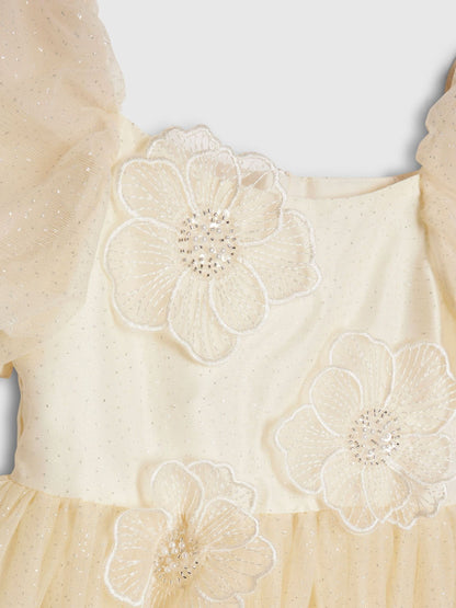 River Island Yellow Puff Sleeve Flower Embroidered Tulle Dress image 3