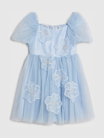 River Island Blue Puff Sleeve Flower Embroidered Tulle Dress - image 1