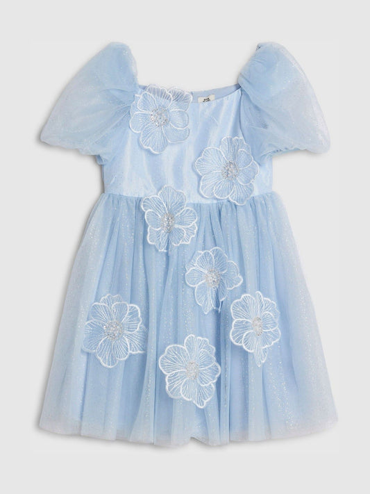 River Island Blue Puff Sleeve Flower Embroidered Tulle Dress - image 1