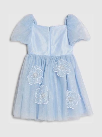 River Island Blue Puff Sleeve Flower Embroidered Tulle Dress - image 2