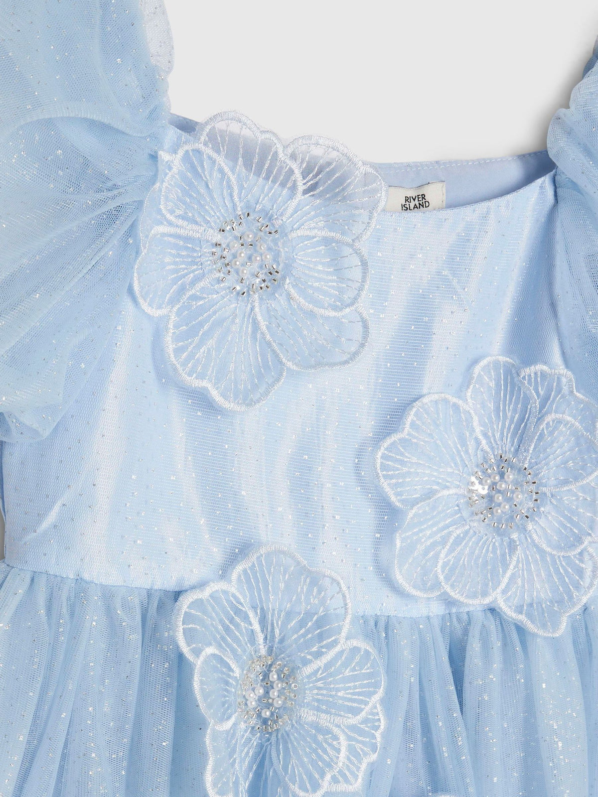 River Island Blue Puff Sleeve Flower Embroidered Tulle Dress - image 4