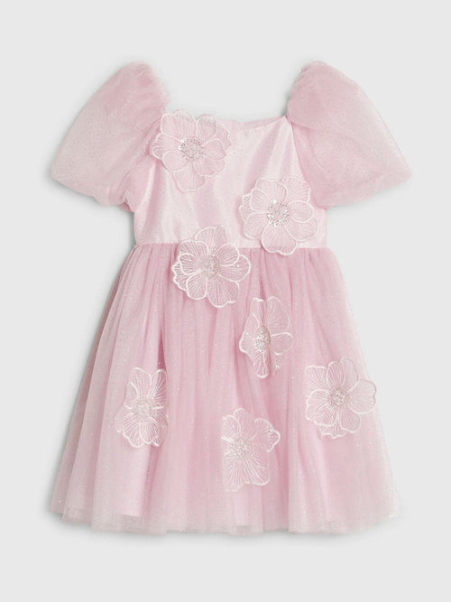 River Island Pink Puff Sleeve Flower Embroidered Tulle Dress image 1