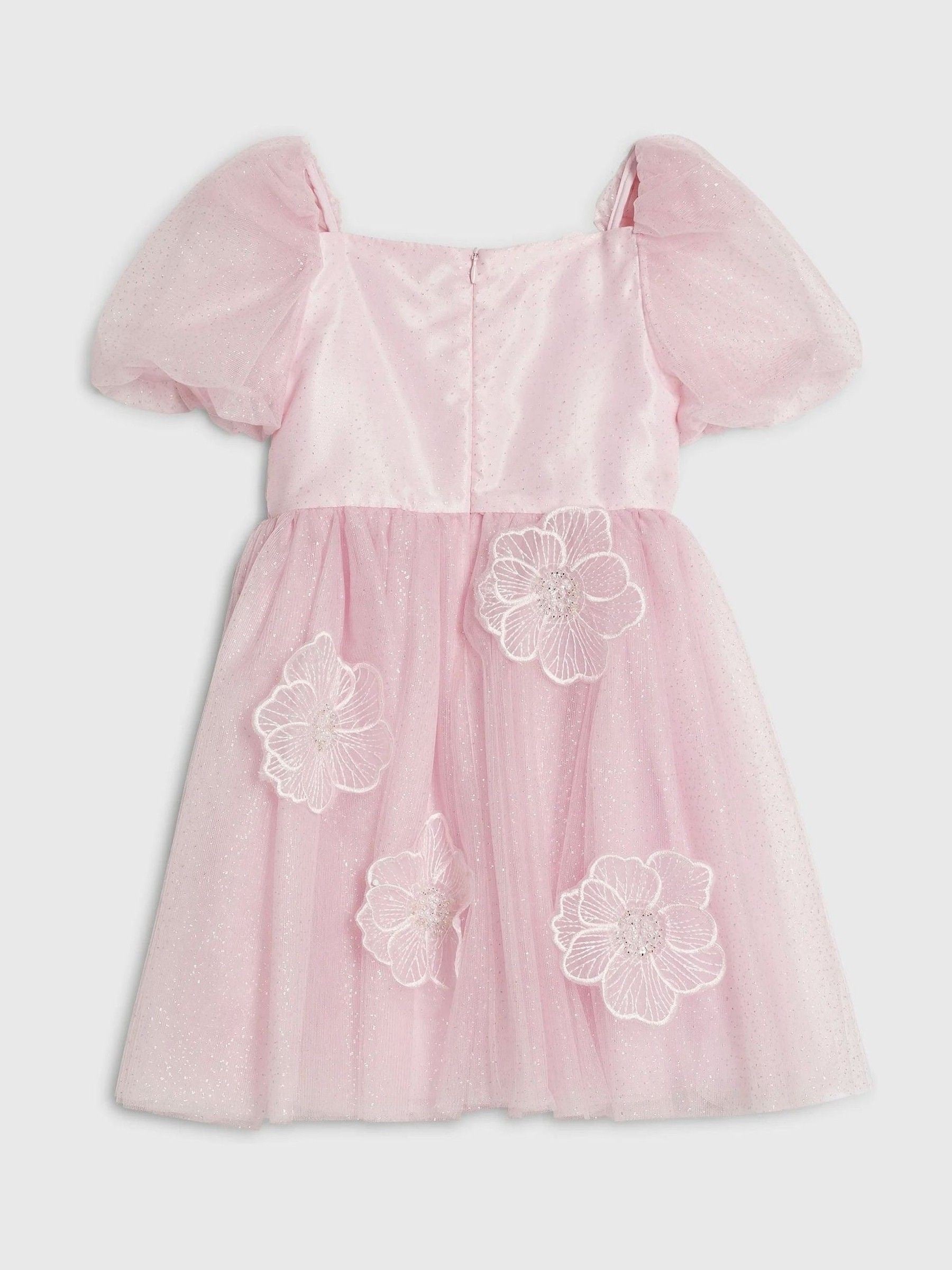 River Island Pink Puff Sleeve Flower Embroidered Tulle Dress image 2