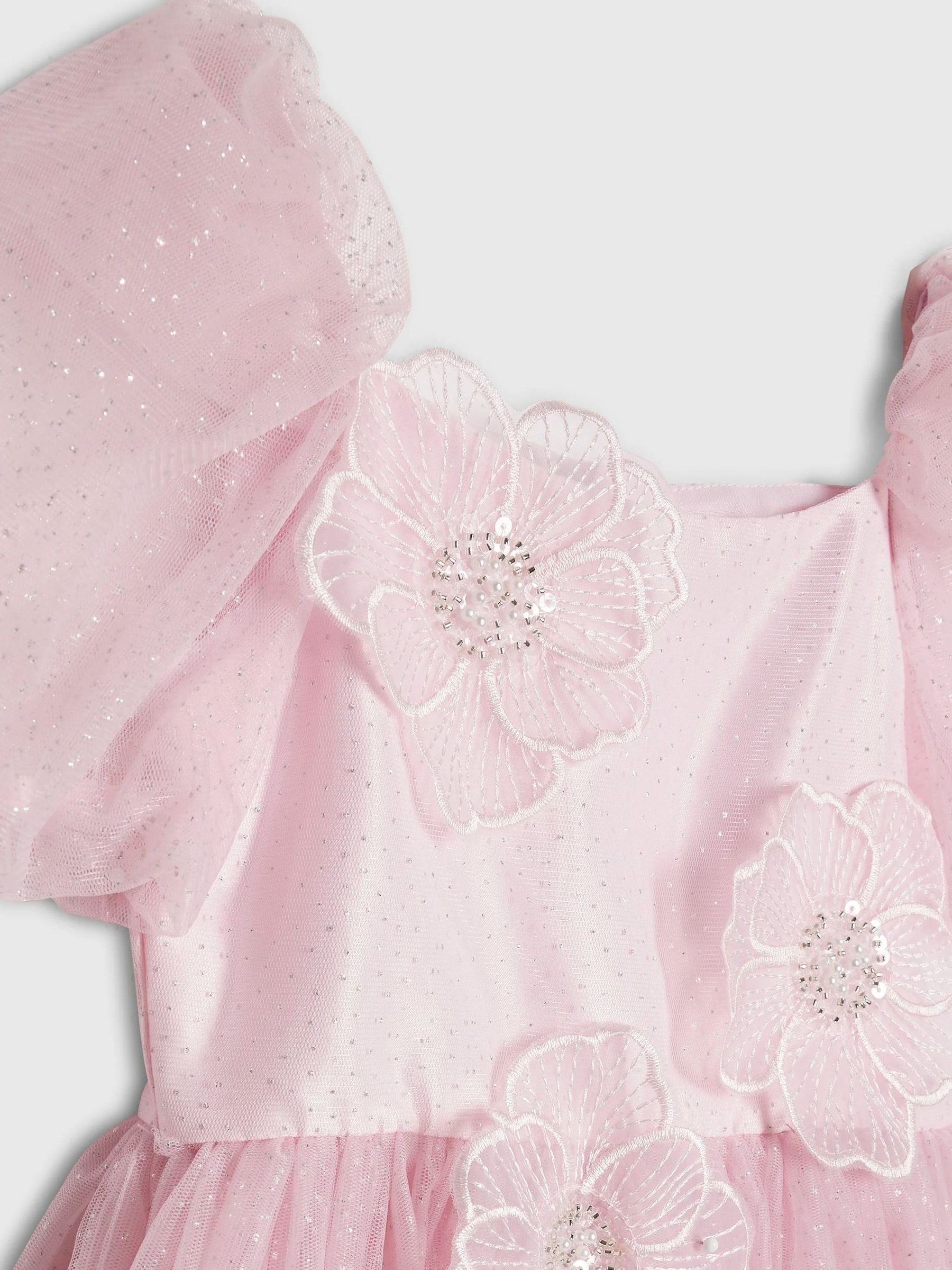 River Island Pink Puff Sleeve Flower Embroidered Tulle Dress image 3