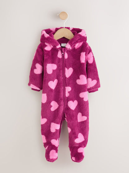 Pink Heart Printed Hooded Fleece Baby Pramsuit (0mths-2yrs) image 1