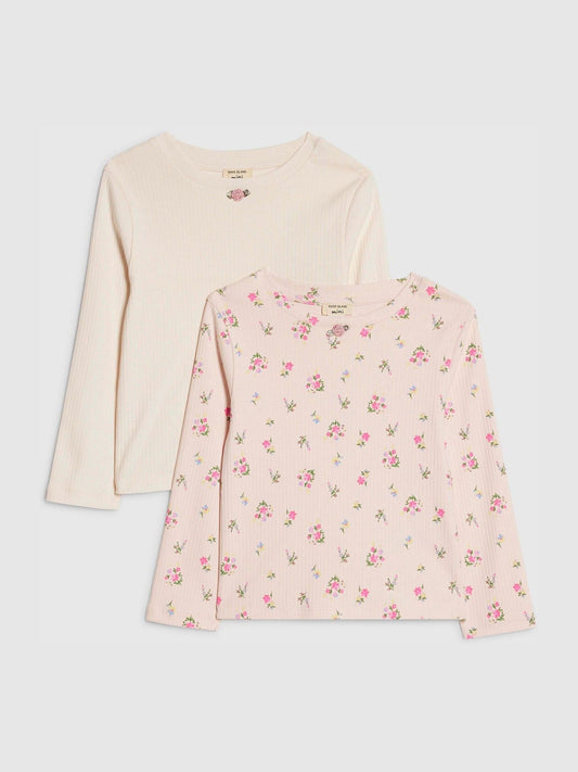 River Island Pink Long Sleeve Rib Floral Tops 2 Pack image 1