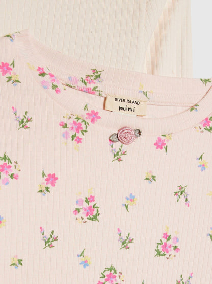 River Island Pink Long Sleeve Rib Floral Tops 2 Pack image 4