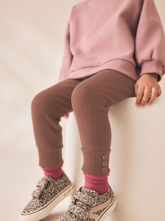 Dsiney Kidz - Chocolate Brown Ribbed Button Cuffed Leggings (3mths-7yrs) image 2