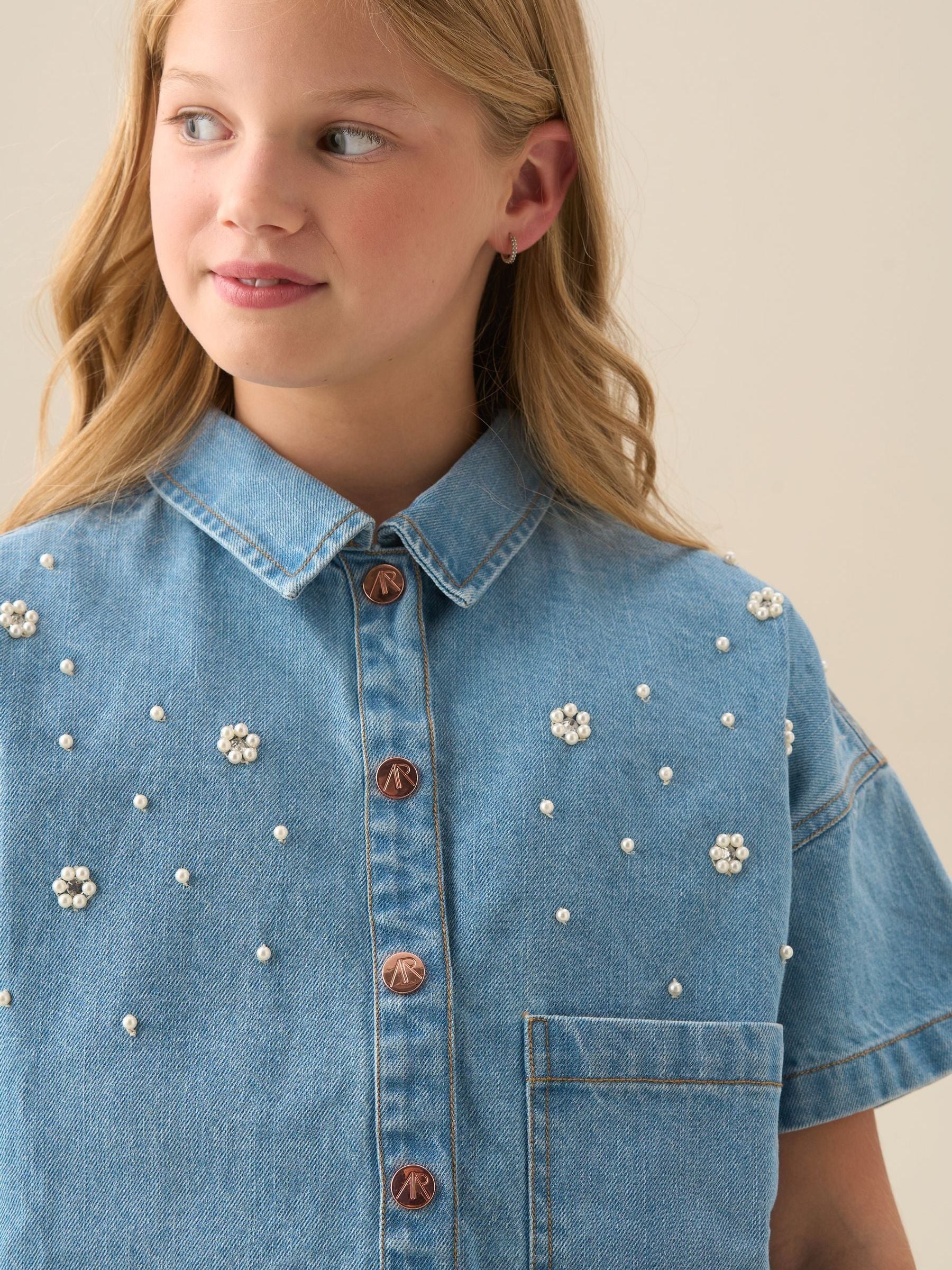 Dsiney Kidz - Angel & Rocket Blue Zeta Boxy Embellished Denim Shirt image 3