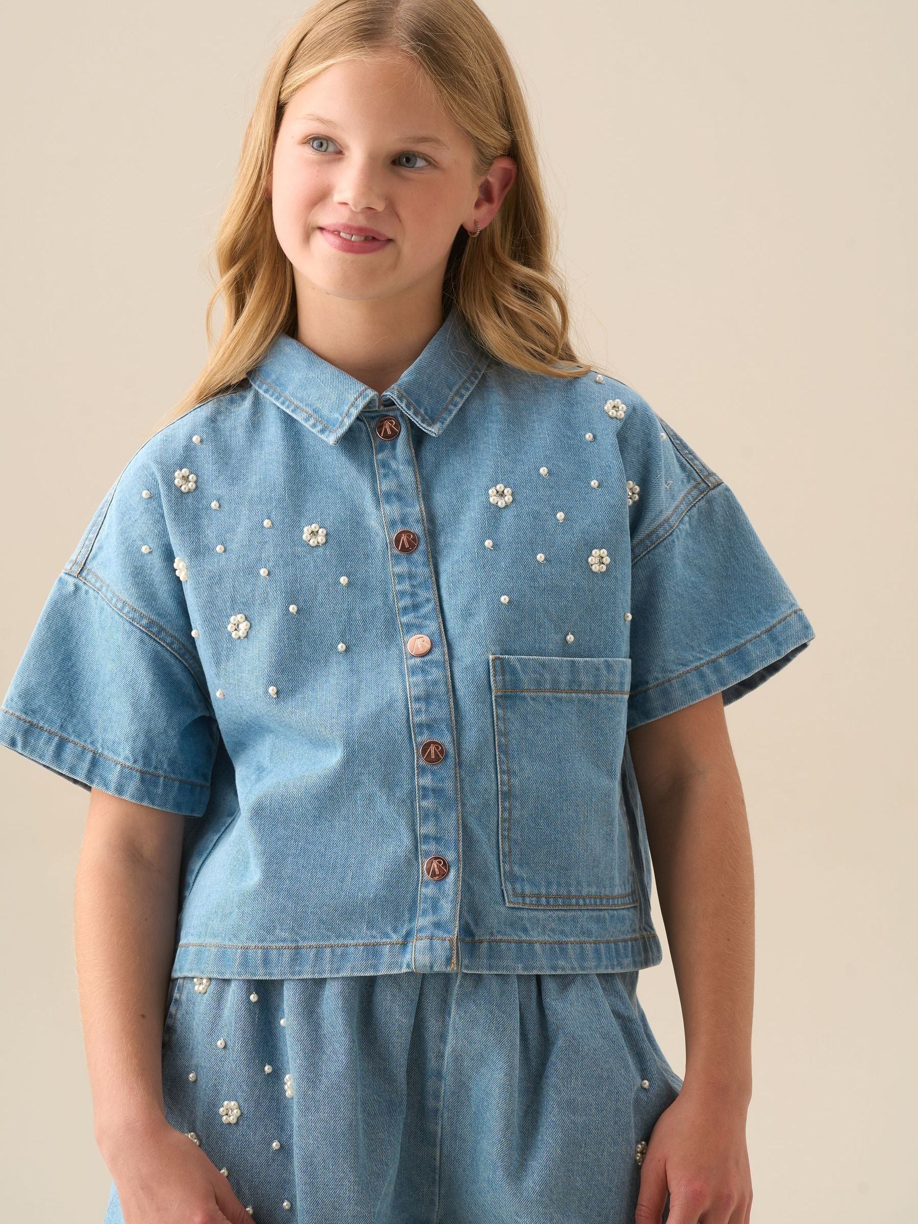 Dsiney Kidz - Angel & Rocket Blue Zeta Boxy Embellished Denim Shirt image 4