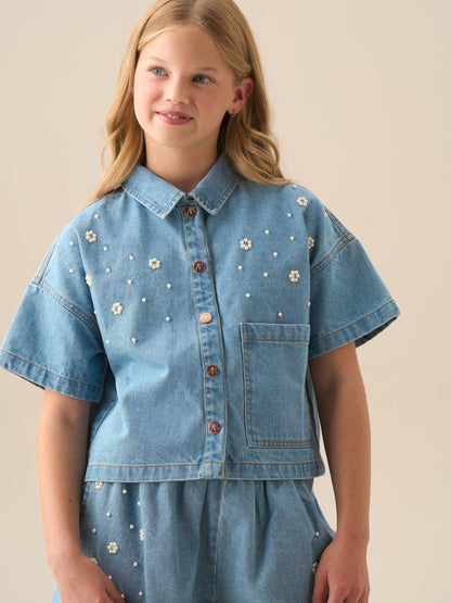 Dsiney Kidz - Angel & Rocket Blue Zeta Boxy Embellished Denim Shirt image 4