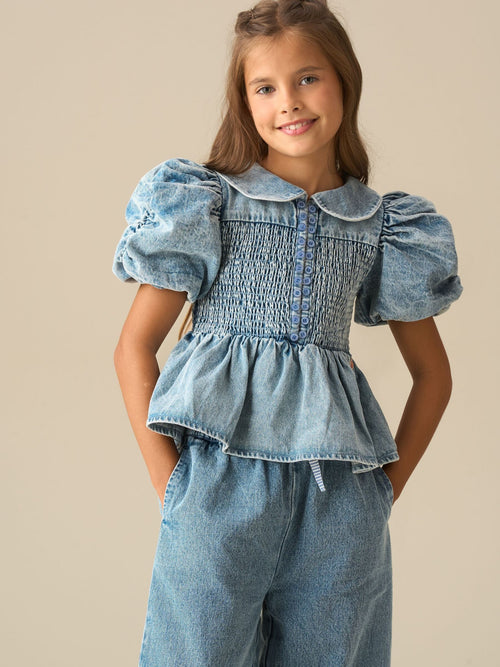 Dsiney Kidz - Angel & Rocket Blue Orla Blue Peter Pan Collar Shirred Denim Blouse image 1