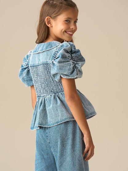 Dsiney Kidz - Angel & Rocket Blue Orla Blue Peter Pan Collar Shirred Denim Blouse image 2