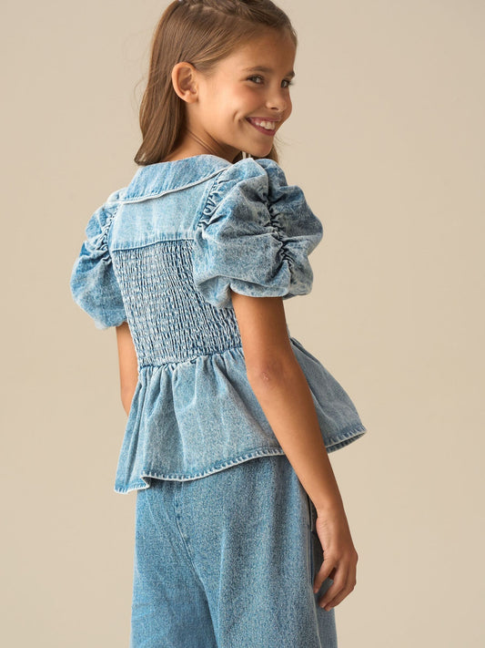 Dsiney Kidz - Angel & Rocket Blue Orla Blue Peter Pan Collar Shirred Denim Blouse image 2