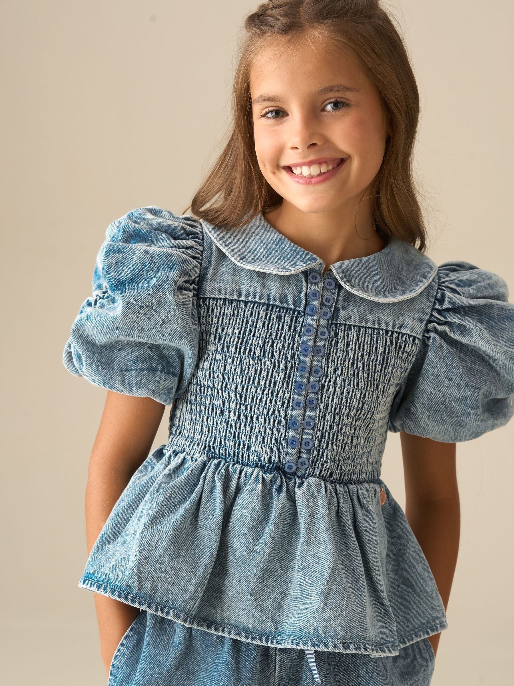 Dsiney Kidz - Angel & Rocket Blue Orla Blue Peter Pan Collar Shirred Denim Blouse image 4
