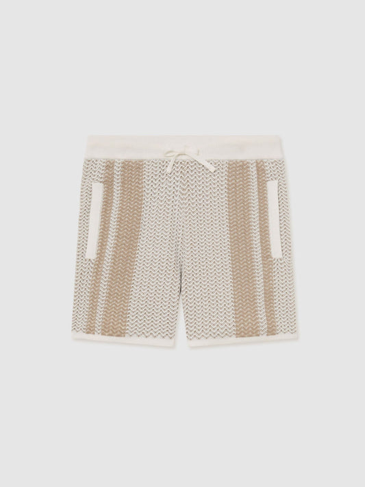 Reiss Off White/Light Camel Rudy 3-9 yrs Cotton Textured-Knit Striped Shorts image 1