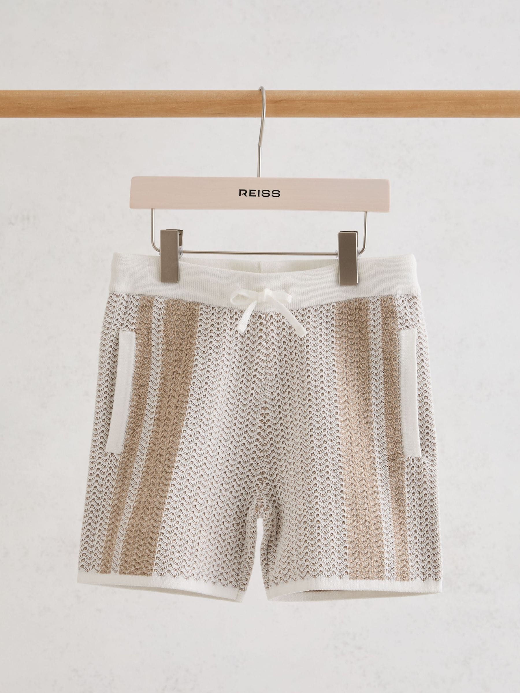 Reiss Off White/Light Camel Rudy 3-9 yrs Cotton Textured-Knit Striped Shorts image 2