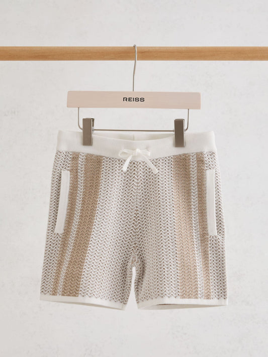 Reiss Off White/Light Camel Rudy 3-9 yrs Cotton Textured-Knit Striped Shorts image 2