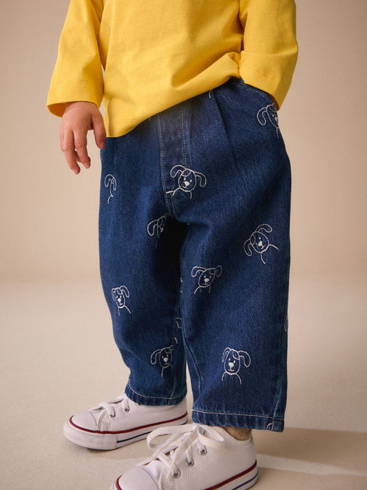 Dark Blue All Over Embroidered Wide Barrel Jeans (3mths-7yrs) - image 1