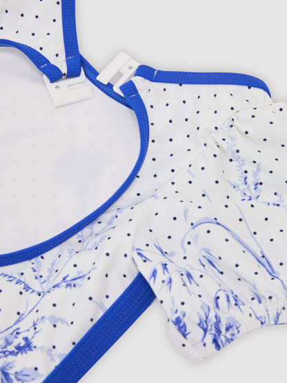 Reiss Blue Print Clemmie 9-13 yrs Floral Print Puff Sleeve Swimsuit image 3