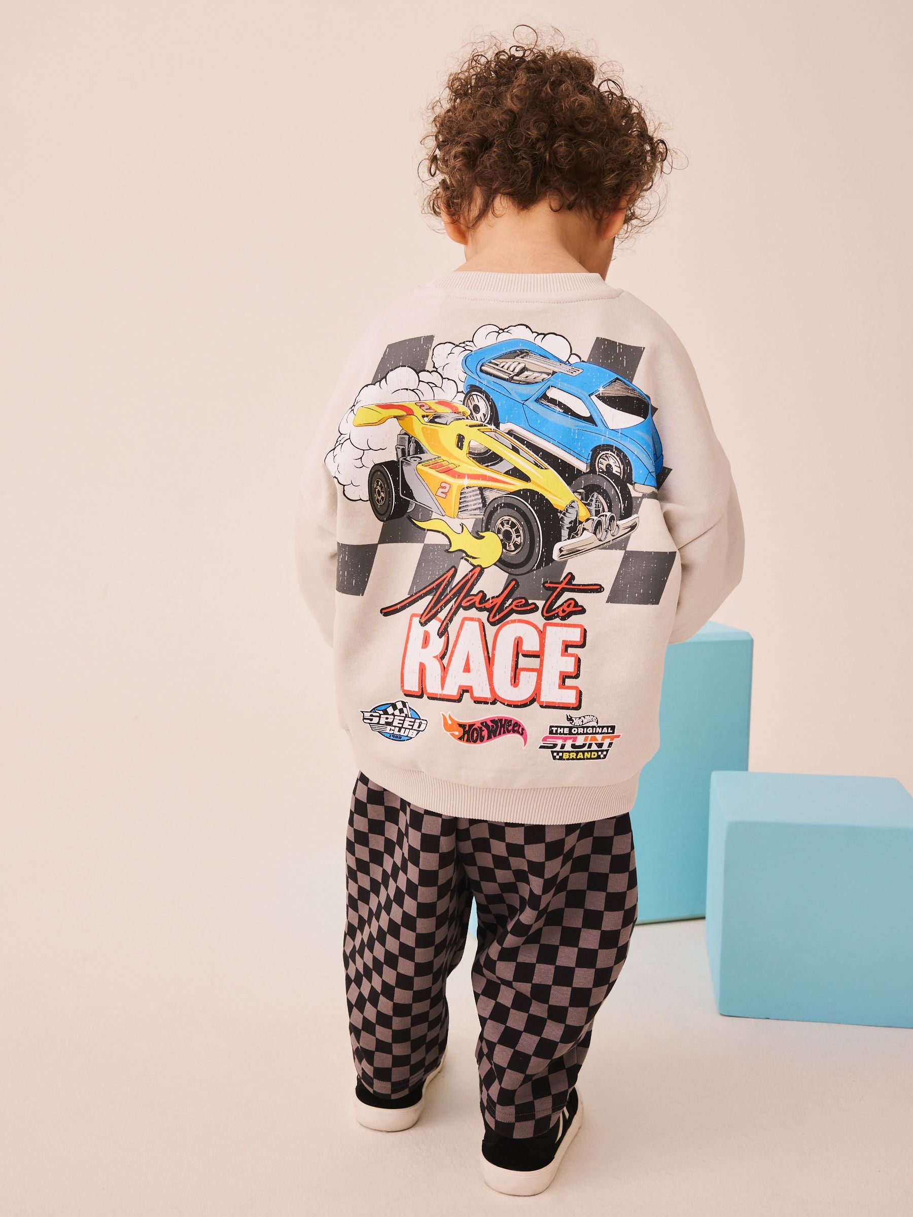 Grey Checkerboard Hot Wheels Crew And Jogger Set (9mths-8yrs) image 1
