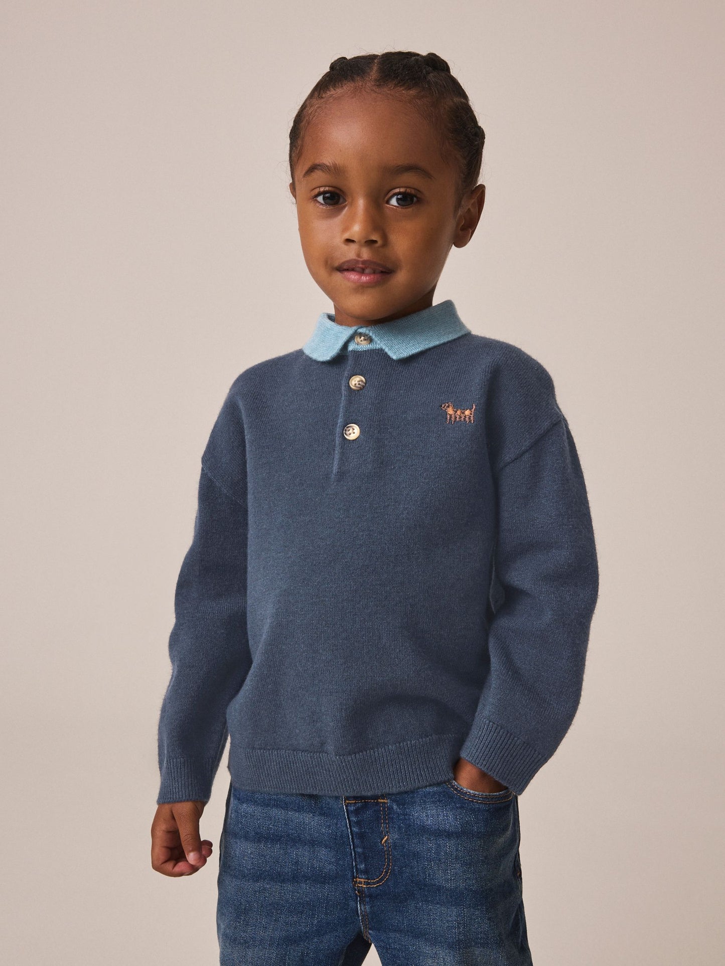 Dsiney Kidz - Navy Blue Contrast Collar Button Neck Knitted Polo Shirt (3mths-7yrs) image 1