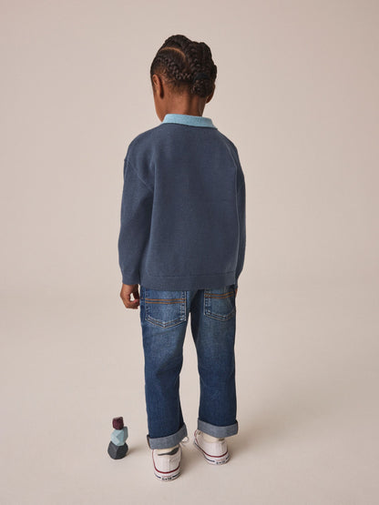 Dsiney Kidz - Navy Blue Contrast Collar Button Neck Knitted Polo Shirt (3mths-7yrs) image 2